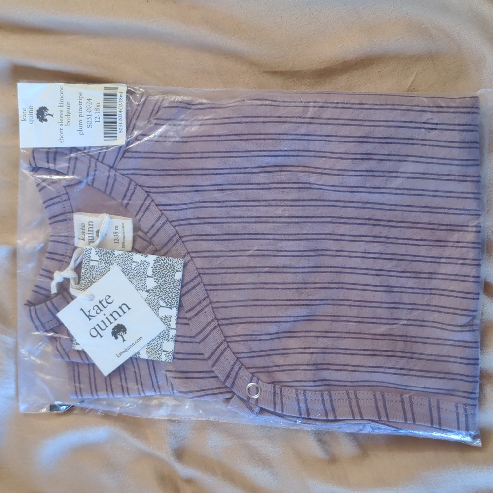 Kate Quinn Short Sleeve Kimono Bodysuit in Plum Pinstripe 12-18mon